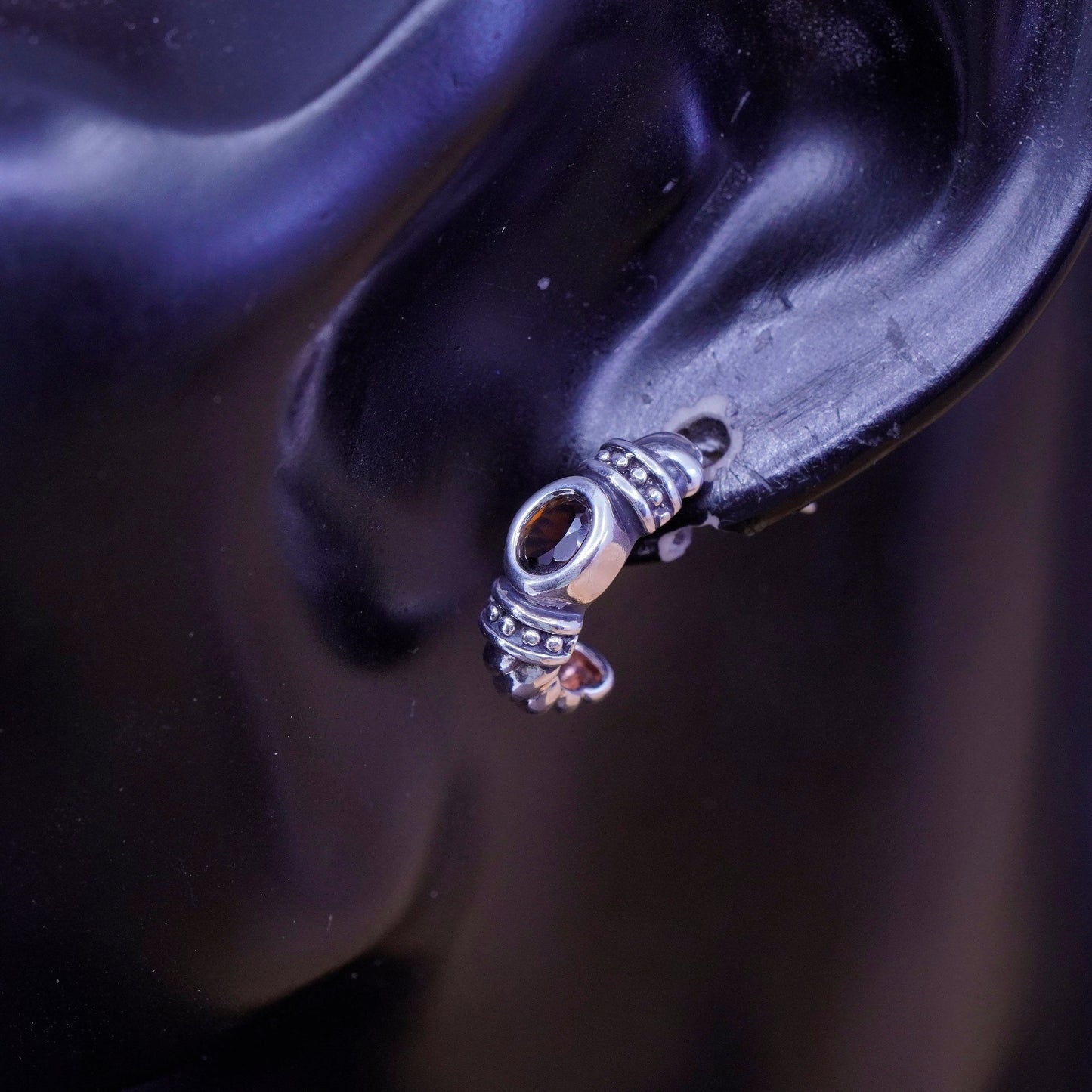 0.5”, vintage Sterling silver handmade earrings, 925 huggie hoops with ruby