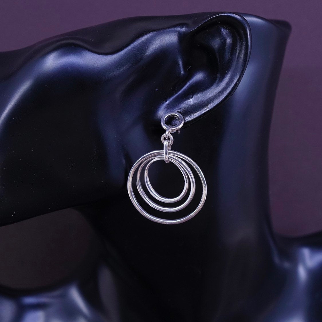 vtg Sterling silver handmade earrings, Modern 925 multi circle dangles