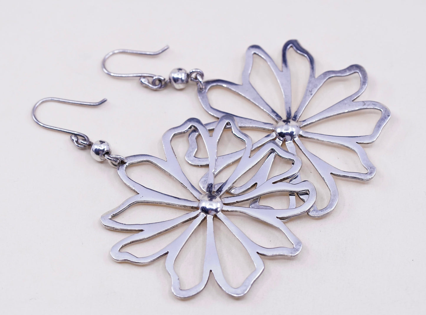 Vintage Sterling silver handmade earrings, 925 huge flower dangles