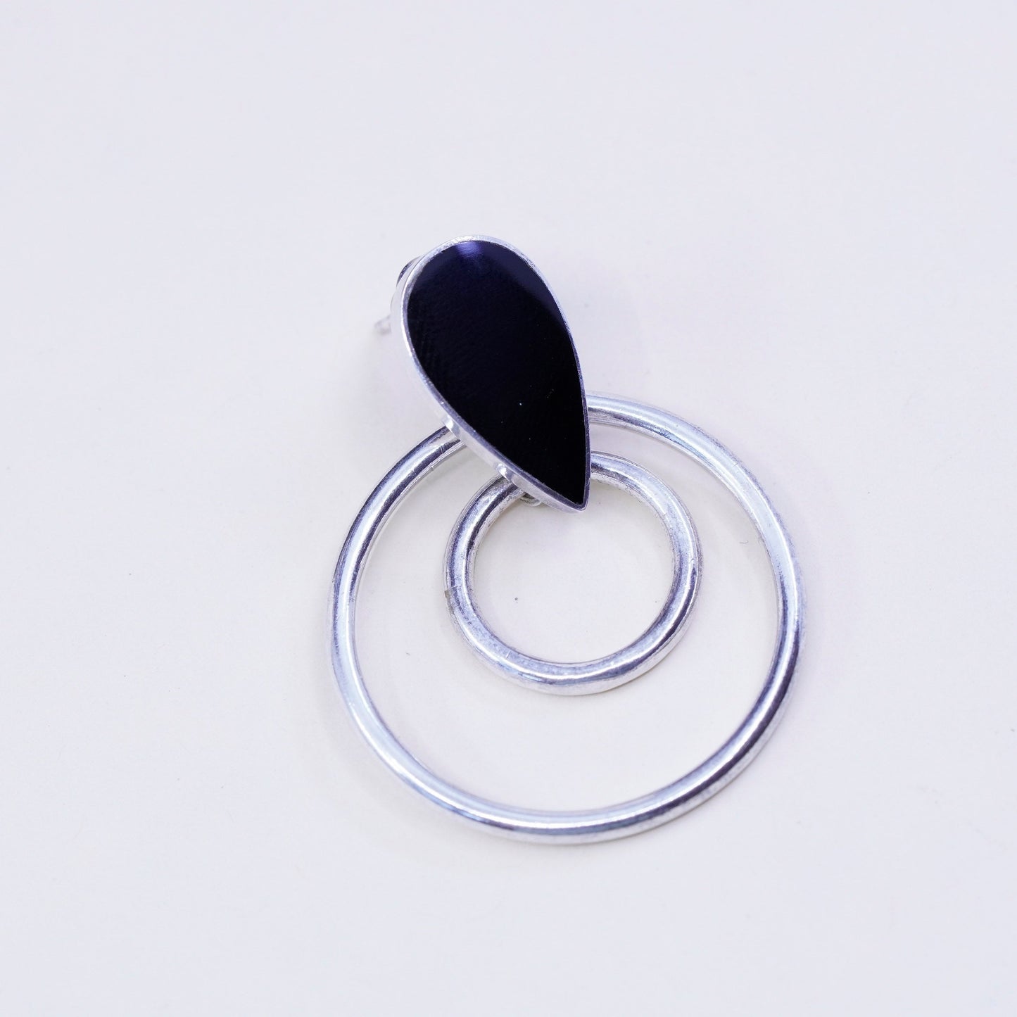 1.5”, vtg Sterling 925 silver handmade circle earrings with teardrop obsidian