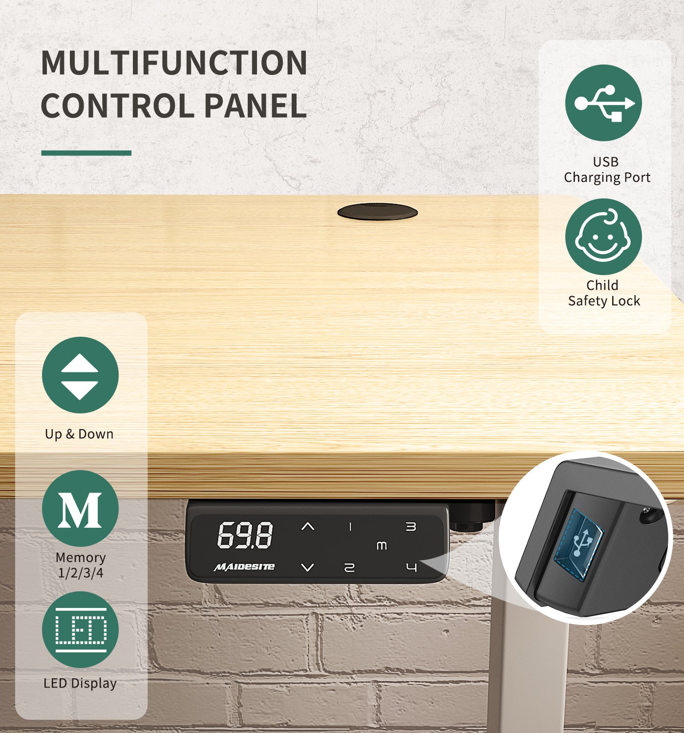 Maidesite SN1 included touch control panel with 4 memory heights and usb charge