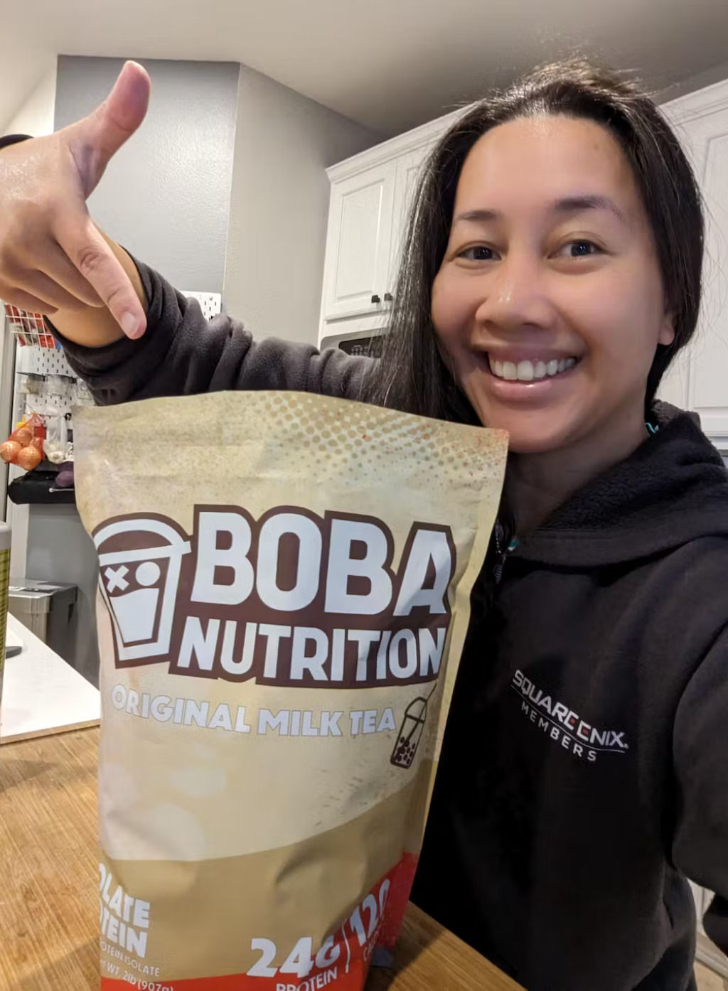 boba protein customer selfie