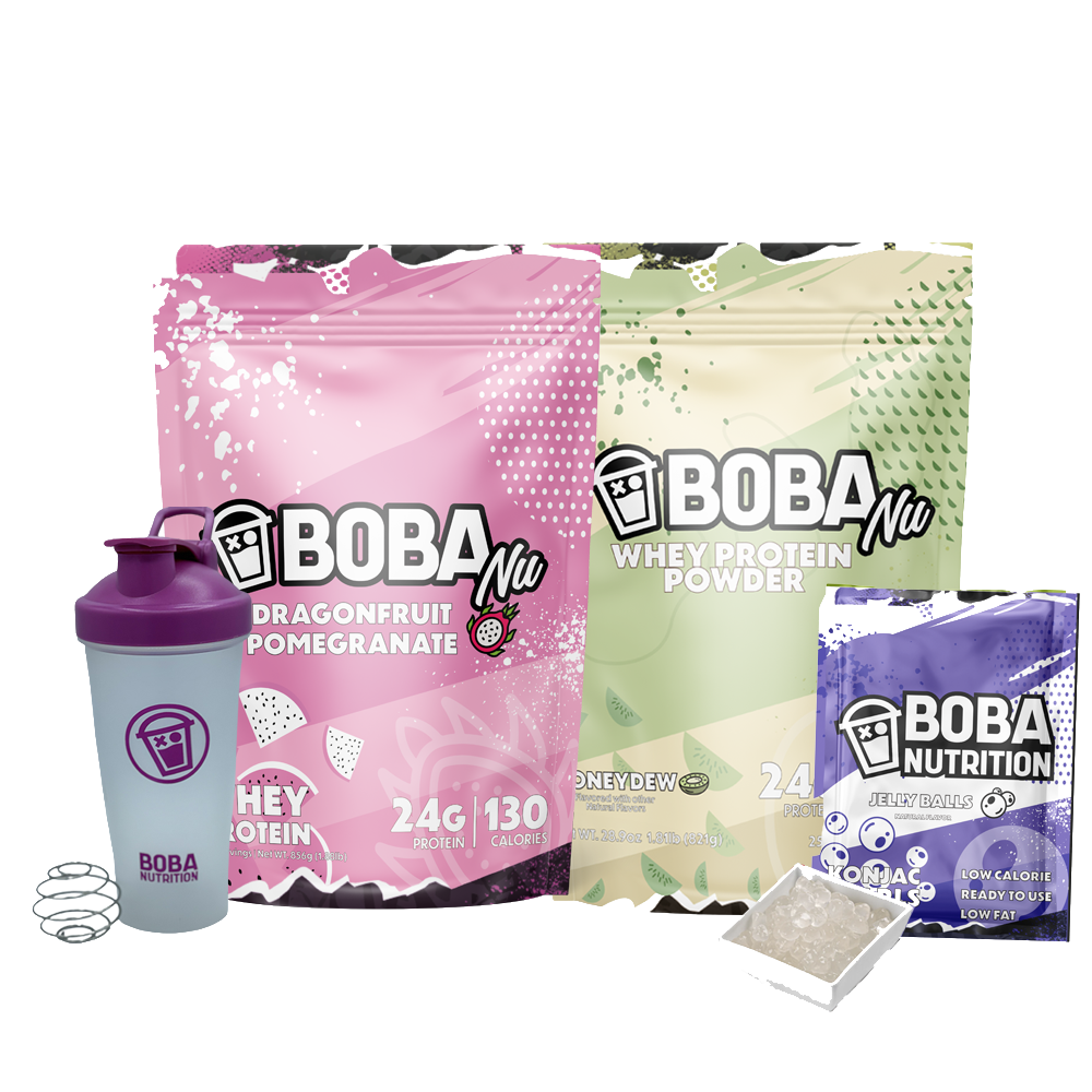 Whey protein and shaker bottles featuring dragonfruit pomegranate and honeydew flavors with jelly balls.