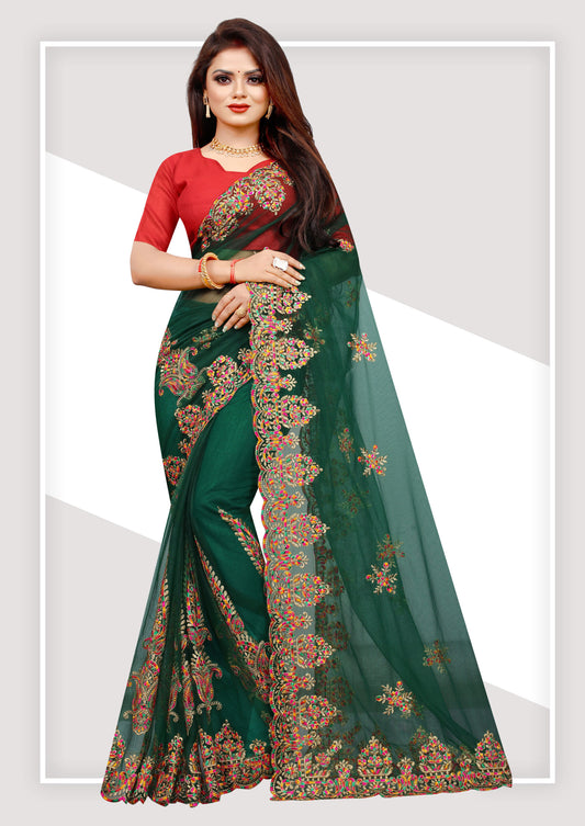 Attractive Embroidered Work Green Color Net Saree