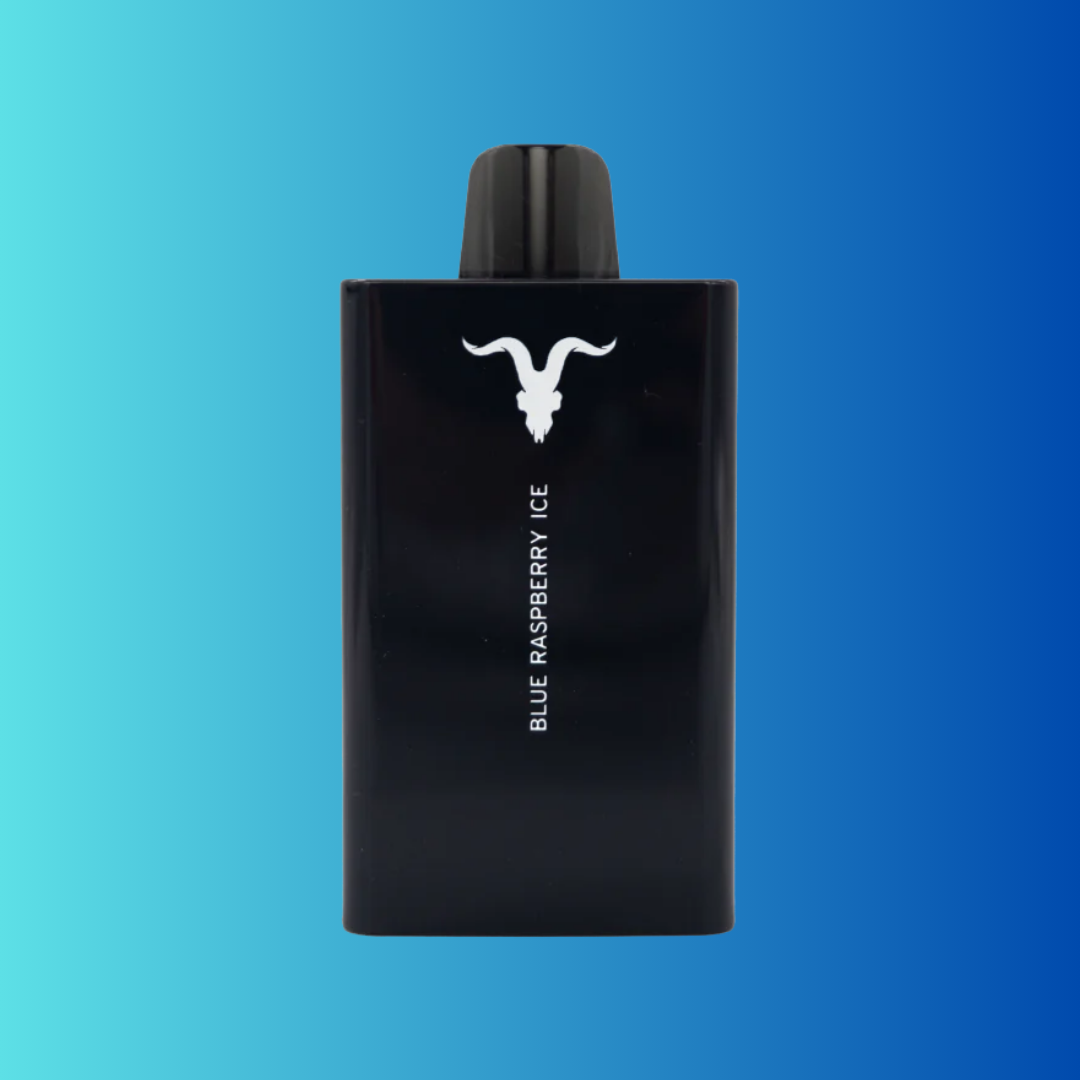 A black vape device with a horned animal logo and 'Blue Raspberry Ice' printed.