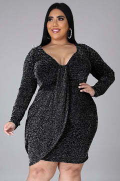 Asymmetric Hemline V Neck Metallic Plus Size Dress