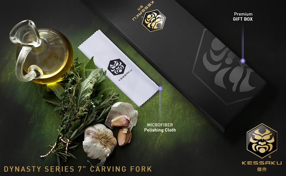 The Kessaku Dynasty Series 7-Inch Carving Meat Fork comes with a felt-lined knife sheath, polishing cloth, and premium gift box