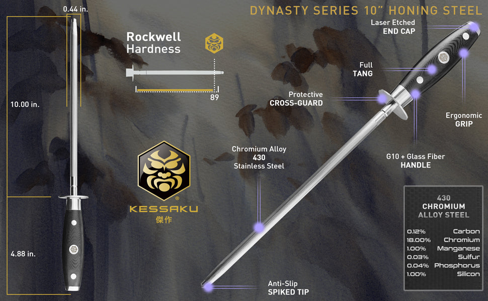 The Kessaku Dynasty Series 10-Inch Honing Steel's features, dimensions, and steel composition