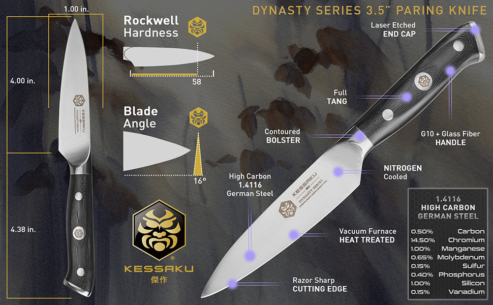 The Kessaku Dynasty Series 3.5-Inch Paring Knife's features, dimensions, and steel composition