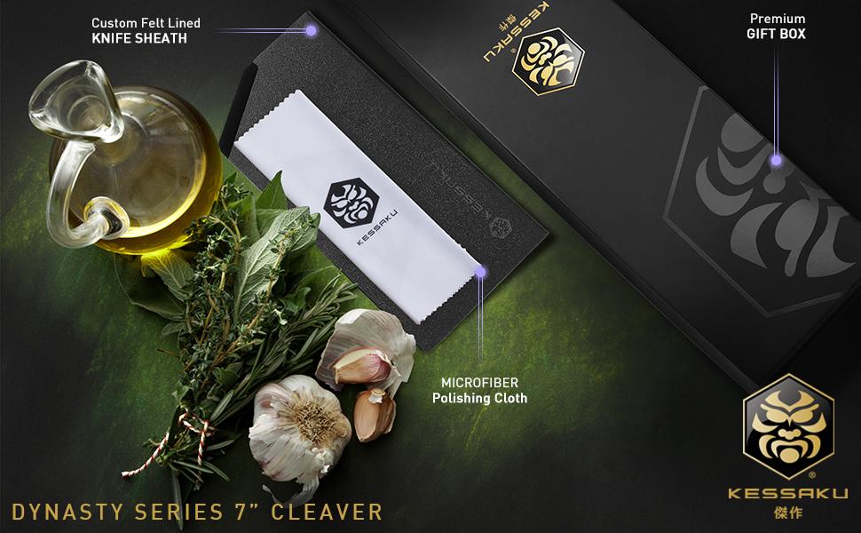 The Kessaku Dynasty Series 7-Inch Cleaver Knife comes with a felt-lined knife sheath, polishing cloth, and premium gift box