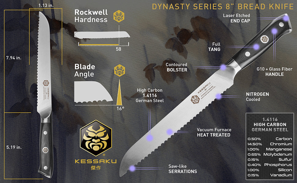 The Kessaku Dynasty Series 8-Inch Bread Knife's features, dimensions, and steel composition