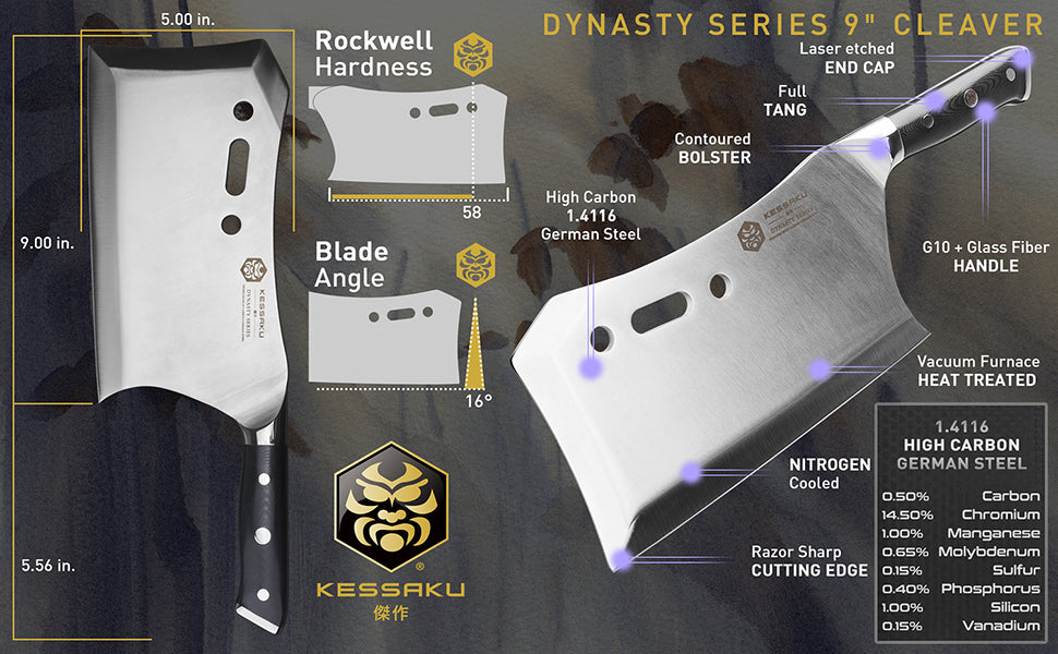 The Kessaku Dynasty Series 9-Inch Cleaver Knife's features, dimensions, and steel composition