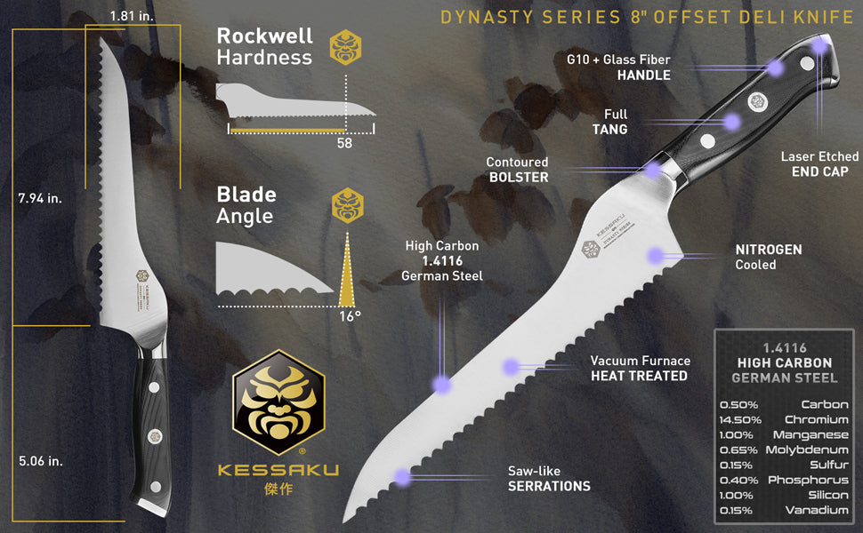 The Kessaku Dynasty Series 8-Inch Offset Bread Knife's features, dimensions, and steel composition