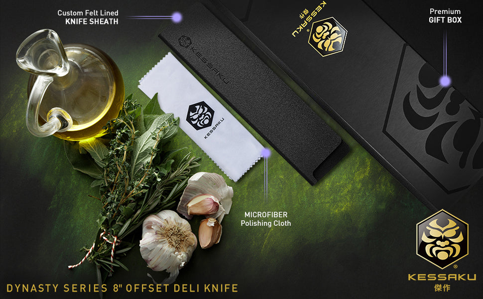 The Kessaku Dynasty Series 8-Inch Offset Bread Knife comes with a felt-lined knife sheath, polishing cloth, and premium gift box