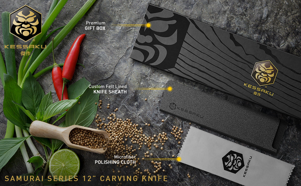 The Kessaku Samurai Series 12-Inch Carving Knife comes with a felt-lined knife sheath, polishing cloth, and premium gift box