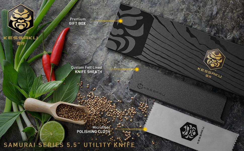 The Kessaku Samurai Series 5.5-Inch Utility Knife comes with a felt-lined knife sheath, polishing cloth, and premium gift box