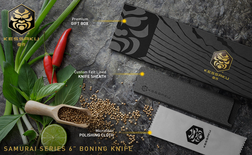 The Kessaku Samurai Series 6-Inch Boning Knife comes with a felt-lined knife sheath, polishing cloth, and premium gift box