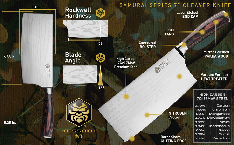The Kessaku Samurai Series 7-Inch Cleaver Knife's features, dimensions, and steel composition