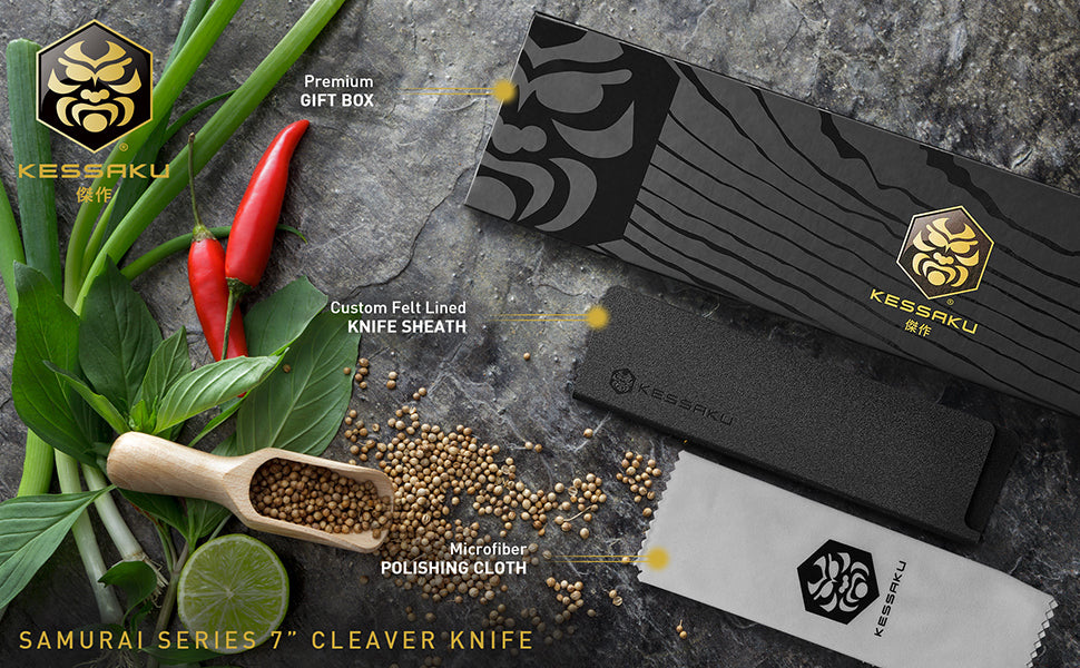 The Kessaku Samurai Series 7-Inch Cleaver Knife comes with a felt-lined knife sheath, polishing cloth, and premium gift box