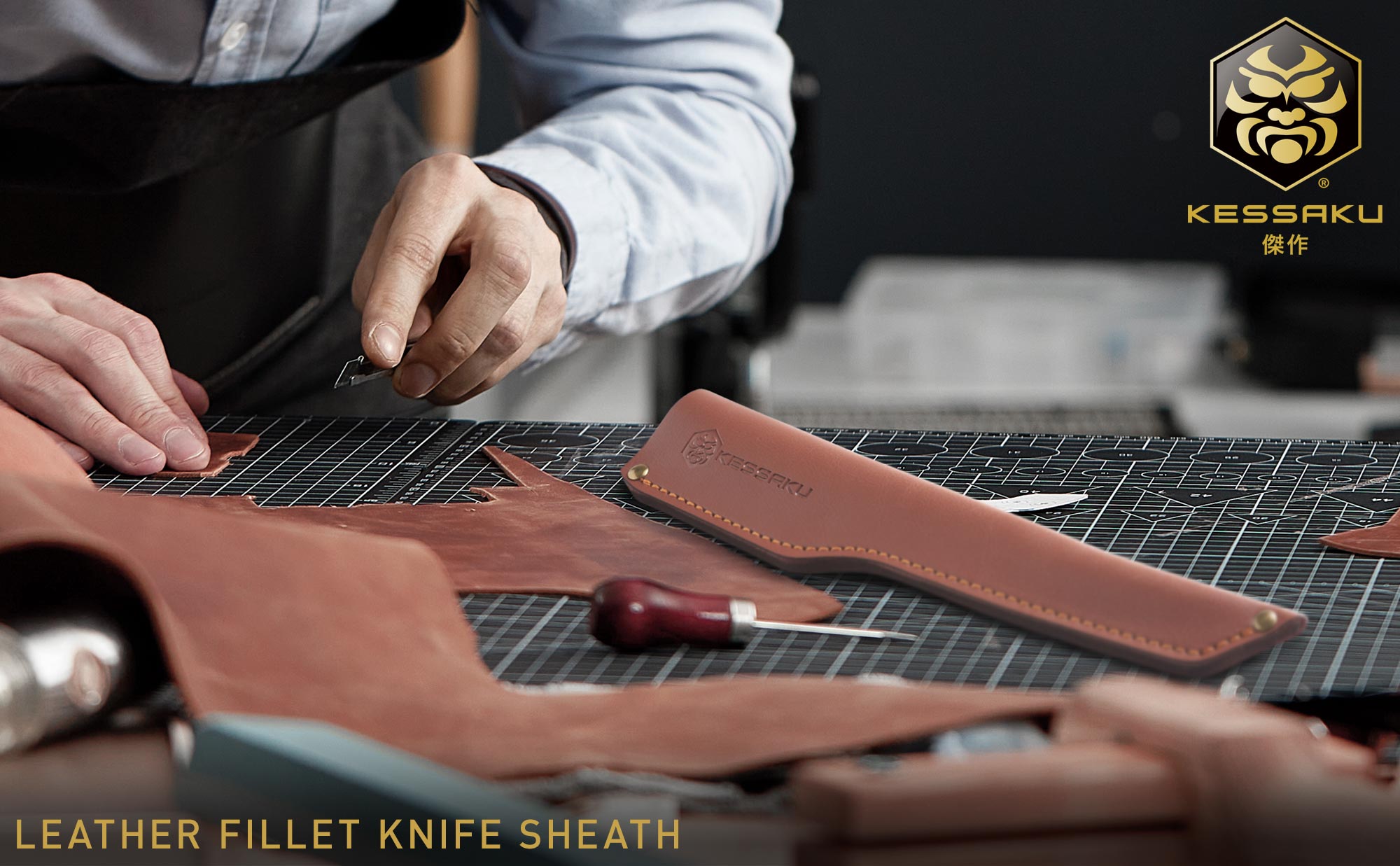 A leather maker creating the Kessaku Leather Fillet Knife Sheath with Belt Loop