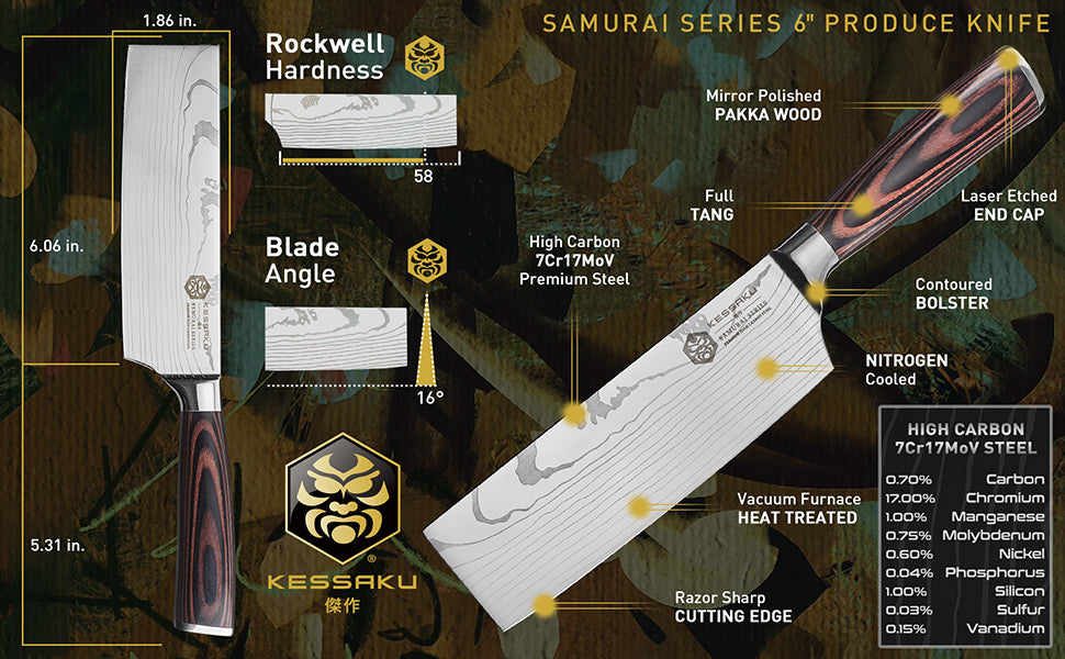 The Kessaku Samurai Series 6-Inch Produce Knife's features, dimensions, and steel composition