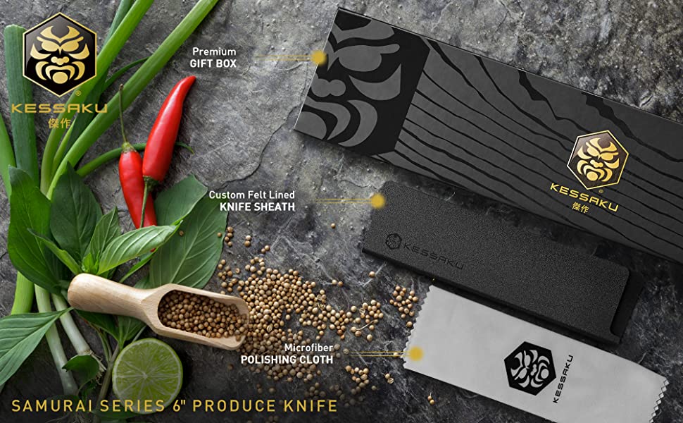 The Kessaku Samurai Series 6-Inch Produce Knife comes with a felt-lined knife sheath, polishing cloth, and premium gift box