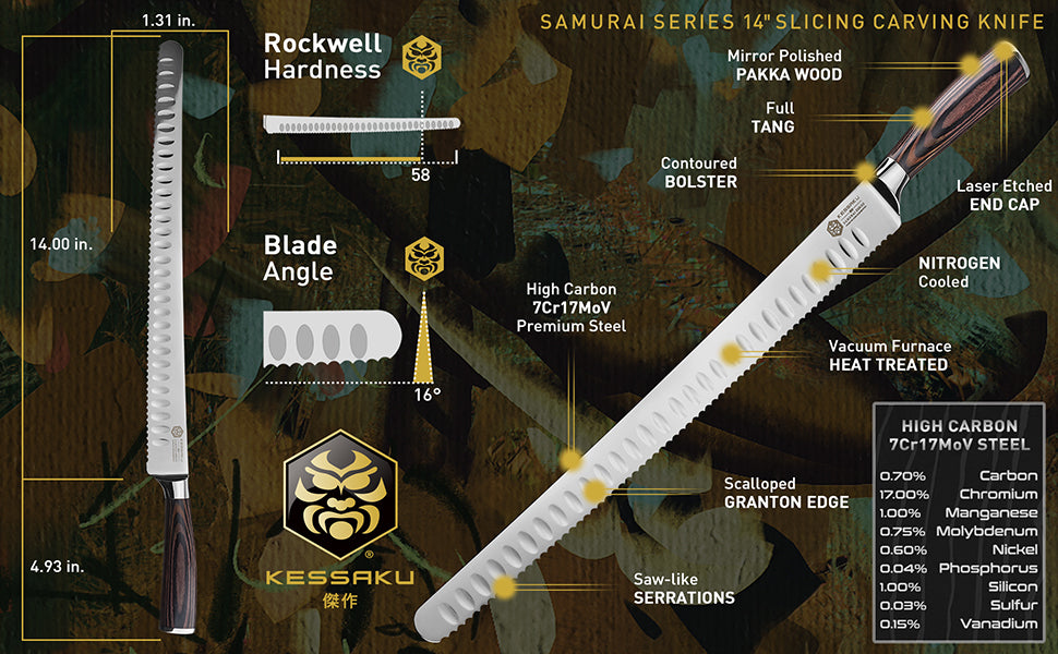 The Kessaku Samurai Series 14-Inch Serrated Carving Knife's features, dimensions, and steel composition