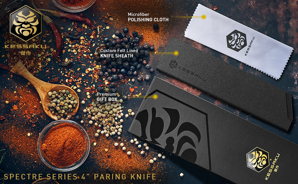The Kessaku Spectre Series 4-Inch Paring Knife comes with a felt-lined knife sheath, polishing cloth, and premium gift box