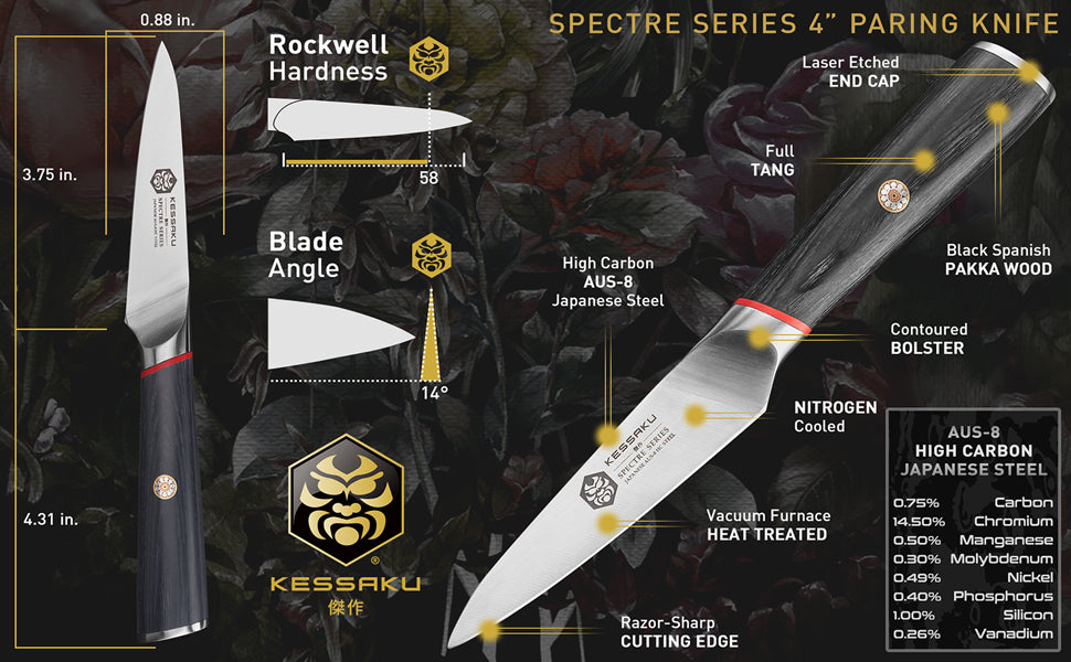 The Kessaku Spectre Series 4-Inch Paring Knife's features, dimensions, and steel composition