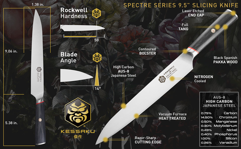 The Kessaku Spectre Series 9.5-Inch Slicing Knife's features, dimensions, and steel composition