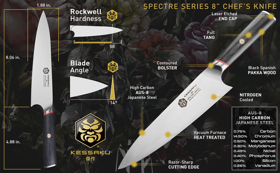 The Kessaku Spectre Series 8-Inch Chef's Knife's features, dimensions, and steel composition