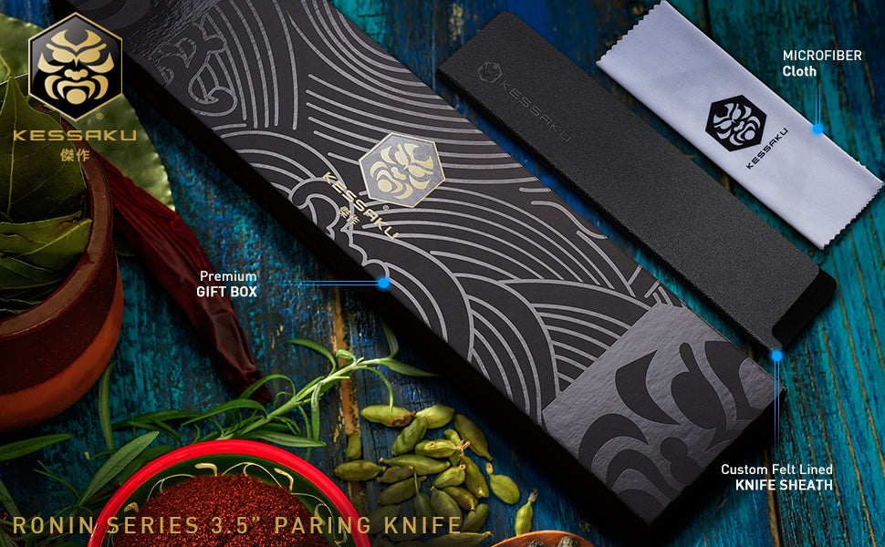 The Kessaku Ronin Series 3.5-Inch Paring Knife comes with a felt-lined knife sheath, polishing cloth, and premium gift box