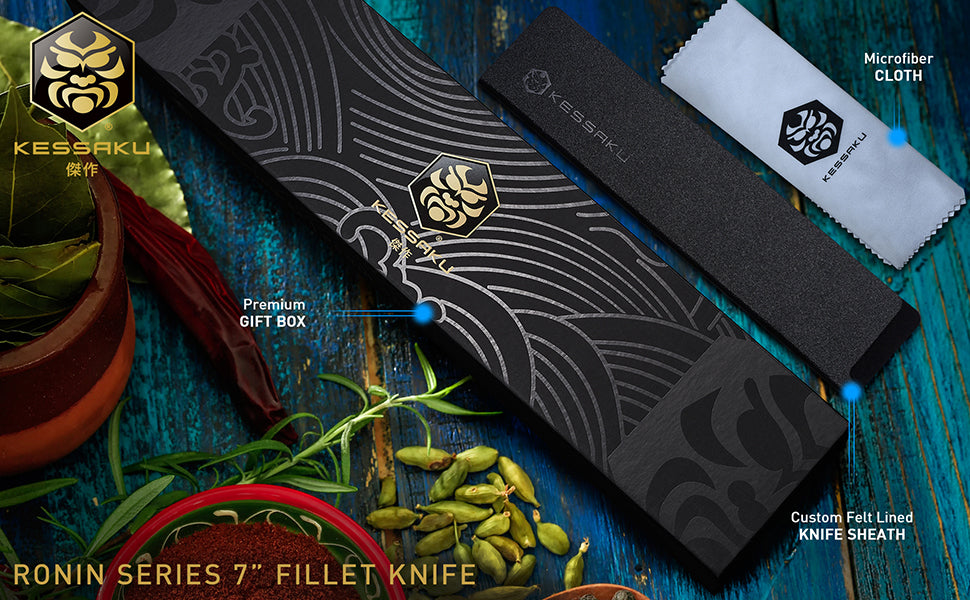 The Kessaku Ronin Series 7-Inch Fillet Knife comes with a felt-lined knife sheath, polishing cloth, and premium gift box