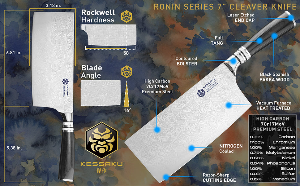 The Kessaku Ronin Series 7-Inch Cleaver Knife's features, dimensions, and steel composition