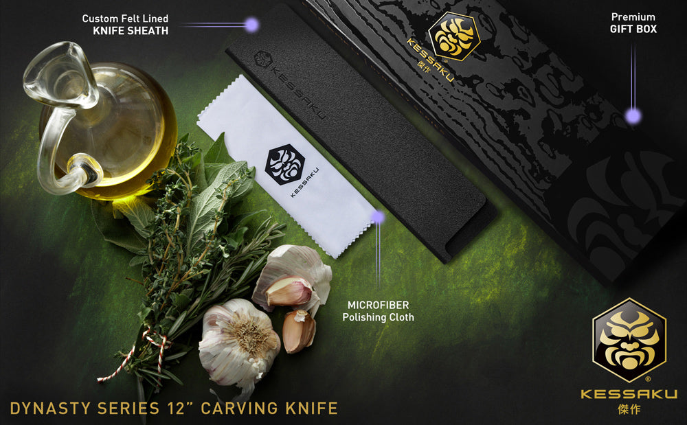 The Kessaku Damascus Dynasty Series 12-Inch Carving Knife comes with a felt-lined knife sheath, polishing cloth, and premium gift box