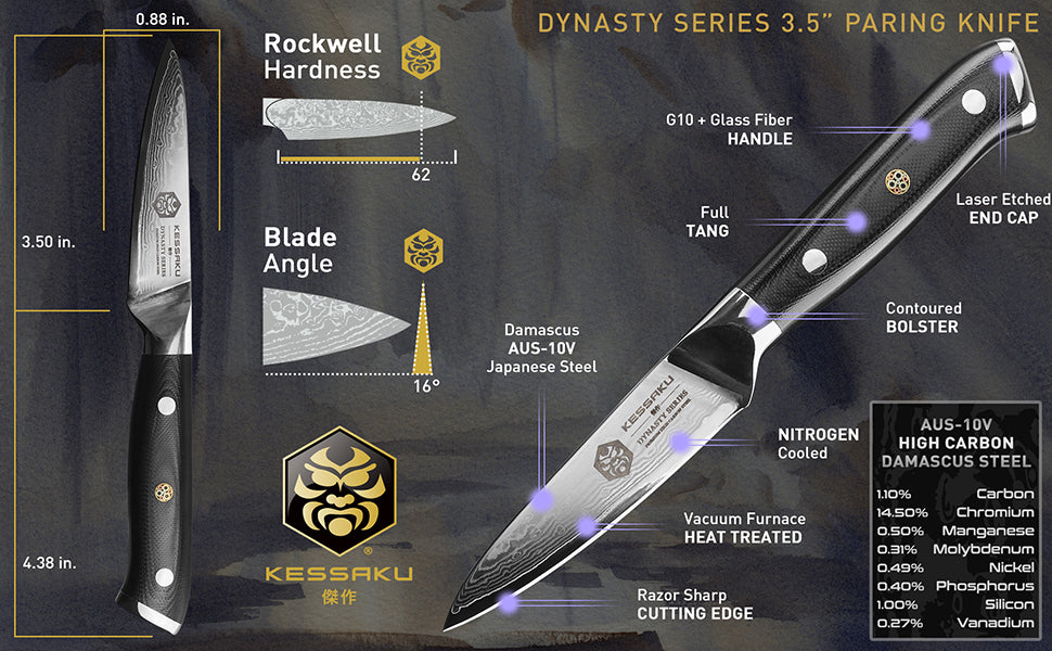 The Kessaku Damascus Dynasty Series 3.5-Inch Paring Knife's features, dimensions, and steel composition