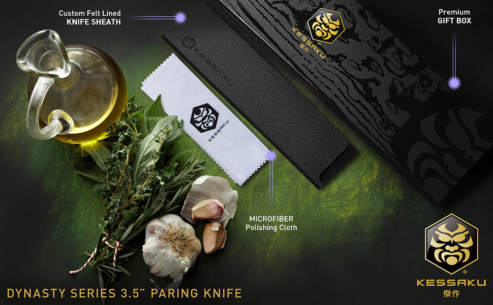 The Kessaku Damascus Dynasty Series 3.5-Inch Paring Knife comes with a felt-lined knife sheath, polishing cloth, and premium gift box