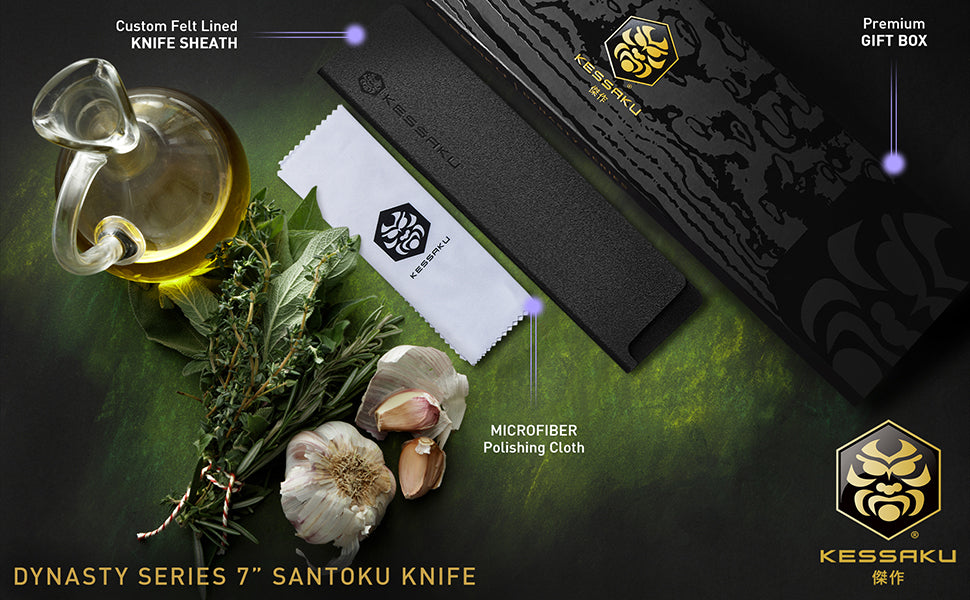 The Kessaku Damascus Dynasty Series 7-Inch Santoku Knife comes with a felt-lined knife sheath, polishing cloth, and premium gift box