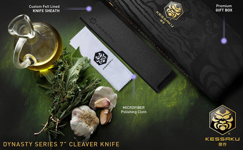 The Kessaku Damascus Dynasty Series 7-Inch Cleaver Knife comes with a felt-lined knife sheath, polishing cloth, and premium gift box