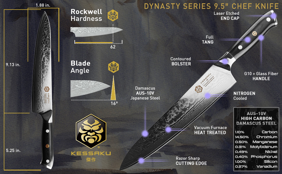 The Kessaku Damascus Dynasty Series 9.5-Inch Chef's Knife's features, dimensions, and steel composition