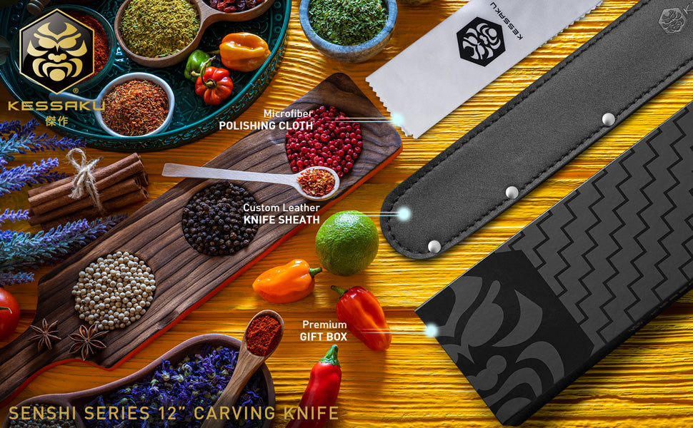 The Kessaku Senshi Series 12-Inch Carving Knife comes with a leather knife sheath with snap closure, polishing cloth, and premium gift box