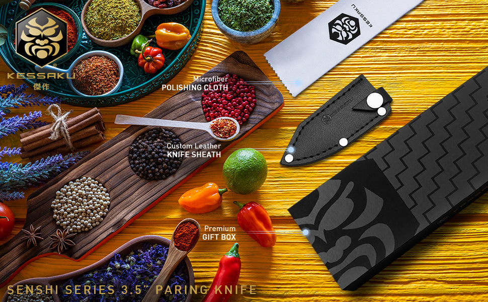 The Kessaku Senshi Series 3.5-Inch Paring Knife comes with a leather knife sheath with snap closure, polishing cloth, and premium gift box