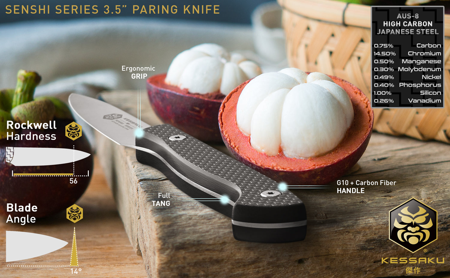 The Kessaku Senshi Series 8-Inch Chef's and 3.5-Inch Paring Knives features, dimensions, and steel composition