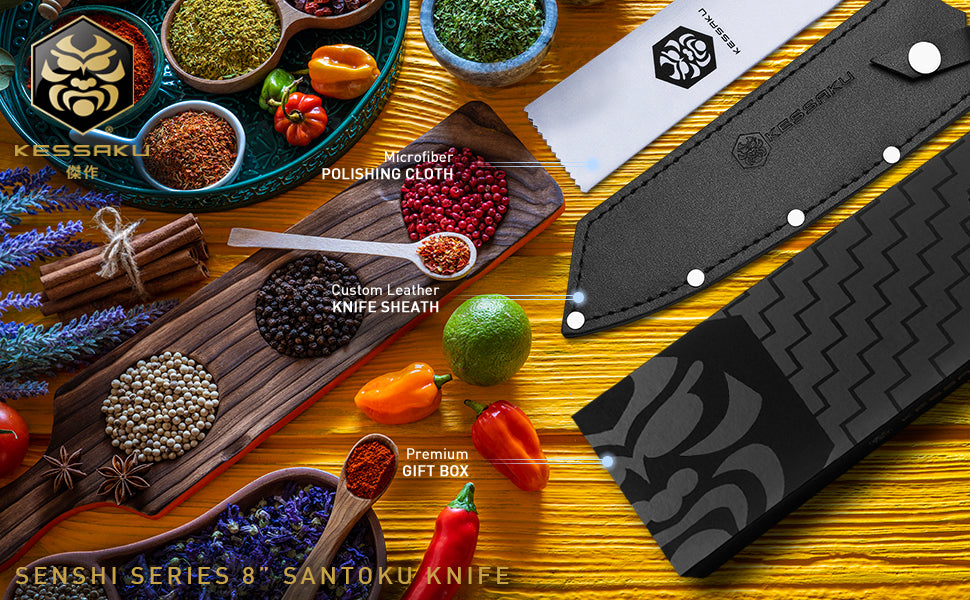 The Kessaku Senshi Series 8-Inch Santoku Knife comes with a leather knife sheath with snap closure, polishing cloth, and premium gift box