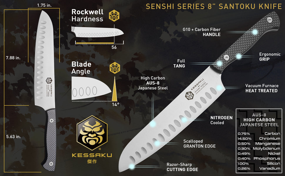The Kessaku Senshi Series 8-Inch Santoku Knife's features, dimensions, and steel composition