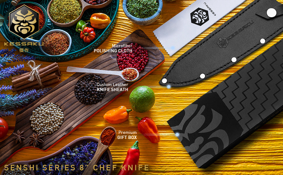 The Kessaku Senshi Series 8-Inch Chef's Knife comes with a leather knife sheath with snap closure, polishing cloth, and premium gift box