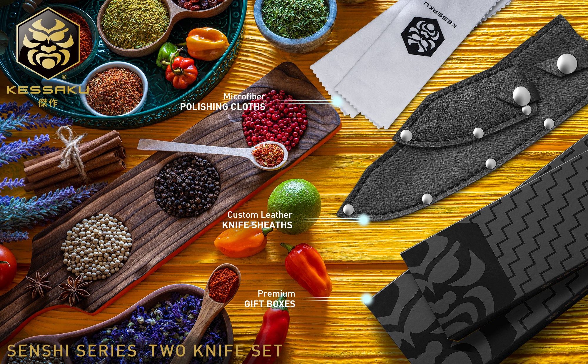 The Kessaku Senshi Series 8-Inch Chef's and 3.5-Inch Paring Knives come with leather knife sheaths with snap closures, polishing cloths, and premium gift boxes