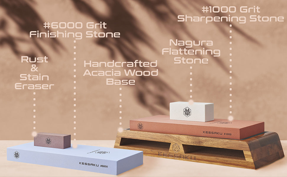 Each item within the Kessaku Deluxe Whetstone Kit described.