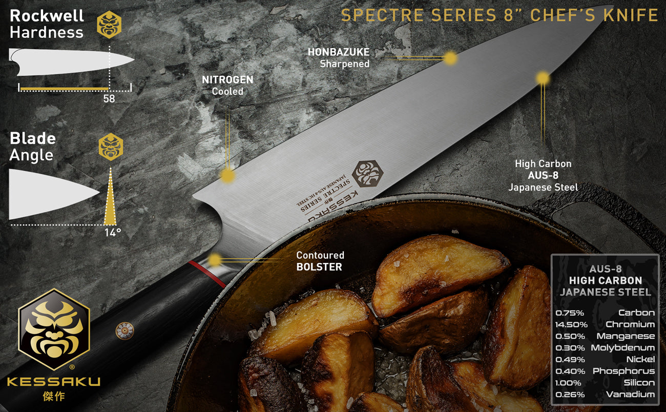The Kessaku Spectre Series 8-Inch Chef's Knife's features, and steel composition