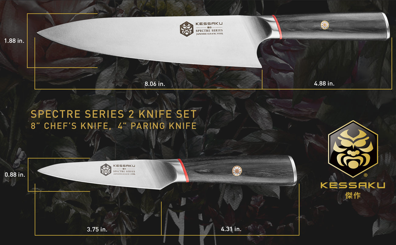 The Kessaku Spectre Series 8-Inch Chef's and 3.5-Inch Paring Knives' dimensions